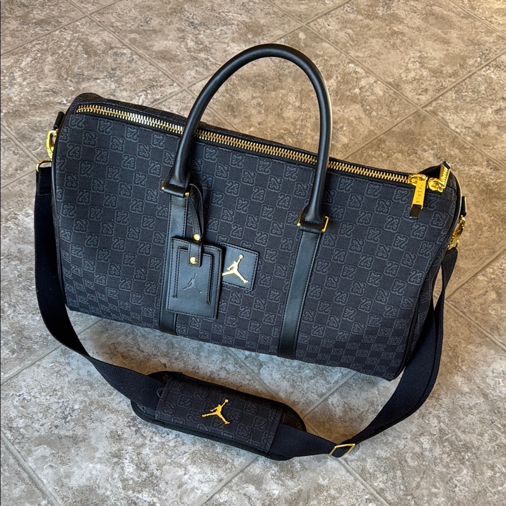 Jordan Black Duffel Bag with Leather Trim and Spacious Design NWOT